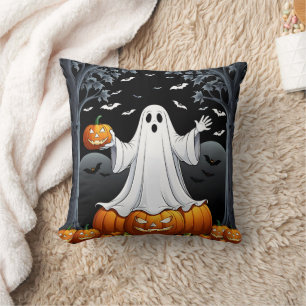 Halloween-Geist umgeben von Kürbis und Fledermäuse Kissen