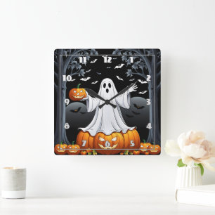 Halloween-Geist umgeben von Kürbis und Fledermäuse Quadratische Wanduhr