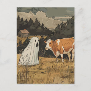 Halloween-Geist und Kuh Vintage-Bauernhof Postkarte