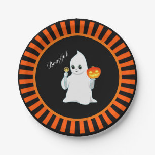 Halloween-Geist und Kürbis auf schwarz & orange Pappteller
