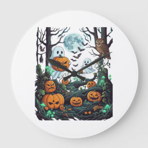 Halloween-Geister Gruselige Kürbisse Eule Vollmond Große Wanduhr