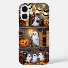 Halloween-Geister-Handyhülle Kürbis-Katze Bücherre iPhone 16 Hülle