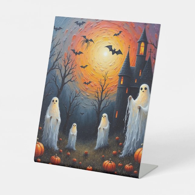 Halloween-Geister im Kürbispflaster Sockelschild (Vorderseite)
