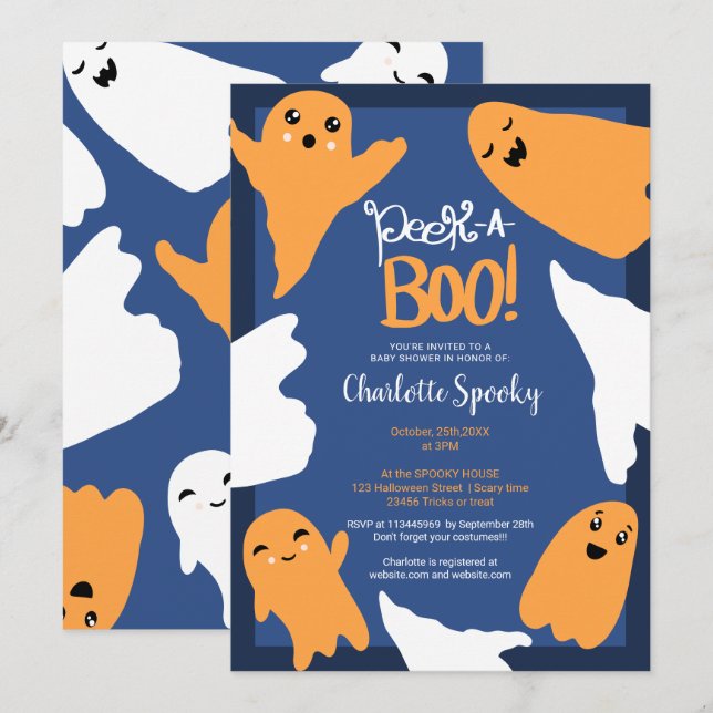Halloween-Geister orange-blaue Babydusche Einladung (Vorne/Hinten)