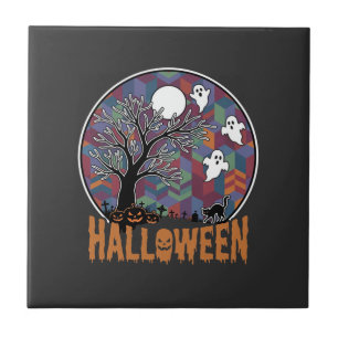 Halloween Geisterbaum Geister und schwarze Katze Fliese
