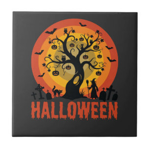 Halloween-Geisterbaum-Hexe und schwarze Katzen Fliese