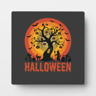 Halloween Geisterbaum Hexe und schwarze Katzen Fotoplatte