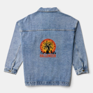 Halloween-Geisterbaum-Hexe und schwarze Katzen Jeansjacke