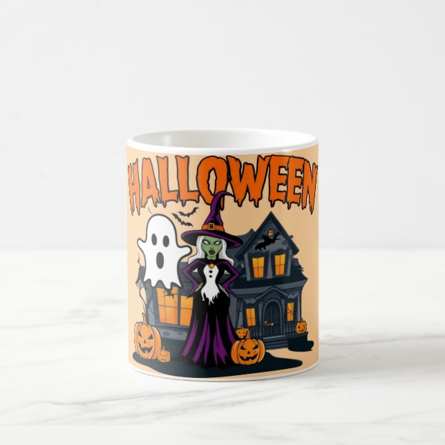 Halloween-Geisterhaus, Kürbisse, Hexen, Fledermäus Kaffeetasse (Mittel)