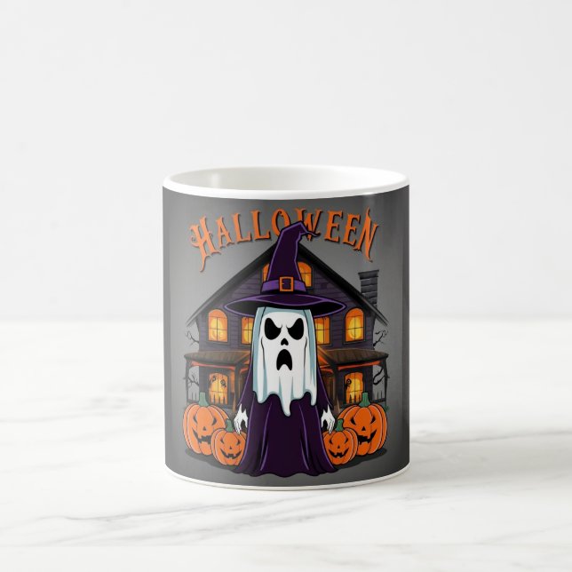 Halloween-Geisterhaus, Kürbisse, Hexen, Fledermäus Kaffeetasse (Mittel)