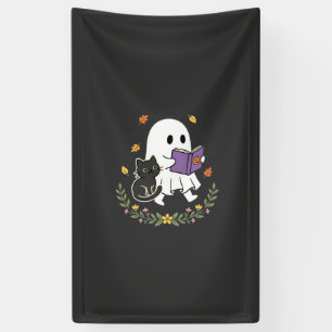 Halloween-Geisterkatze liest Buch Florales Design_ Banner