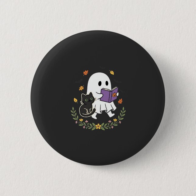 Halloween-Geisterkatze liest Buch Florales Design_ Button (Vorderseite)