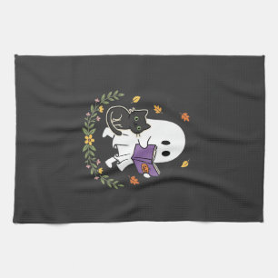 Halloween-Geisterkatze liest Buch Florales Design_ Geschirrtuch
