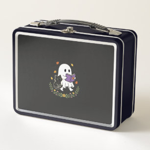 Halloween-Geisterkatze liest Buch Florales Design_ Metall Brotdose