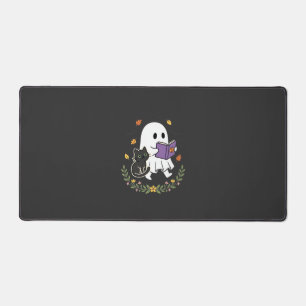 Halloween-Geisterkatze liest Buch Florales Design_ Schreibtischunterlage