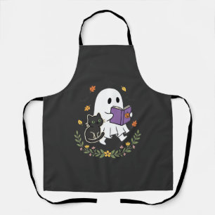 Halloween-Geisterkatze liest Buch Florales Design_ Schürze