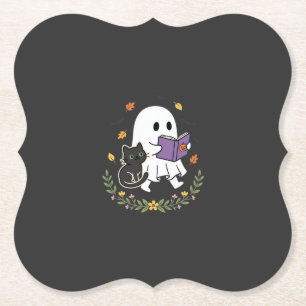 Halloween-Geisterkatze liest Buch Florales Design_ Untersetzer