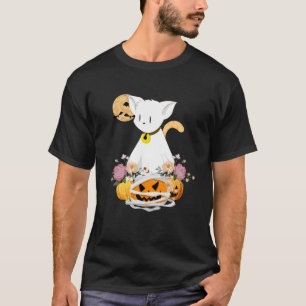 Halloween-Geisterkatze mit gruseligen Kürbisblumen T-Shirt