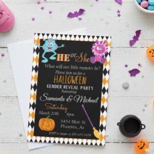 Halloween Gender Baby Reveal Party Monster Orange Einladung