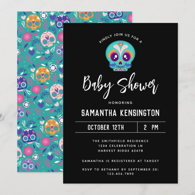 Halloween Gender Neutral Sugar Skull Babydusche Einladung (Vorne/Hinten)