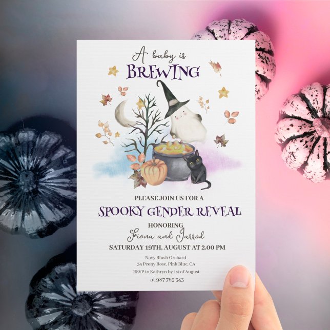 Halloween Gender Reveal Baby wird brauen Einladung (.Baby is brewing gender reveal invitation.)