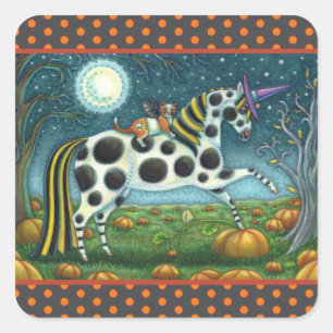 HALLOWEEN GEPUNKTETER PONY & BAT CAT Whimsical Hor Quadratischer Aufkleber