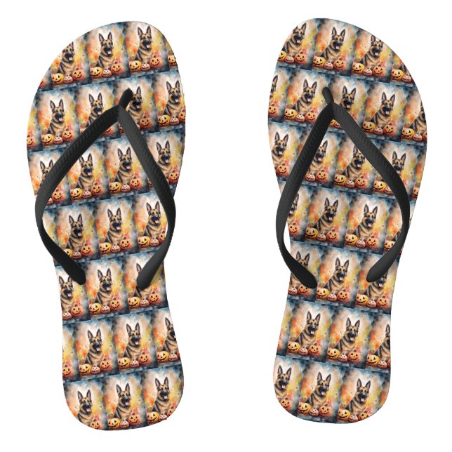 Halloween German Shepherd with Pumpkins Beängstige Flip Flops (Fußbett)