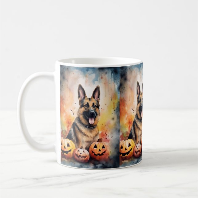 Halloween German Shepherd with Pumpkins Beängstige Kaffeetasse (Links)