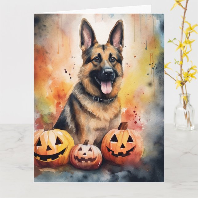 Halloween German Shepherd with Pumpkins Beängstige Karte (Gelbe Blume)