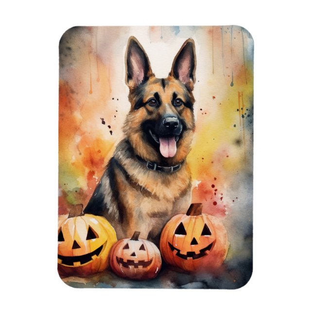 Halloween German Shepherd with Pumpkins Beängstige Magnet (Vertikal)
