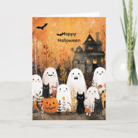 Halloween-Gespenster, schwarze Katzen und Fledermä