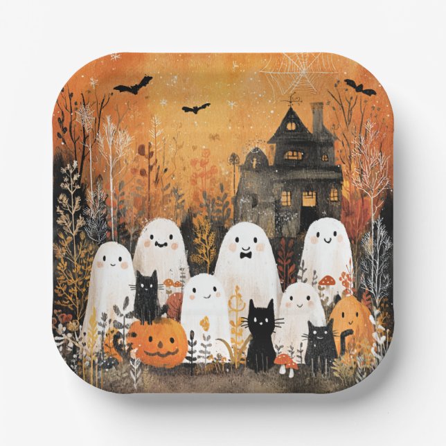 Halloween-Gespenster, schwarze Katzen und Fledermä Pappteller (Vorderseite)