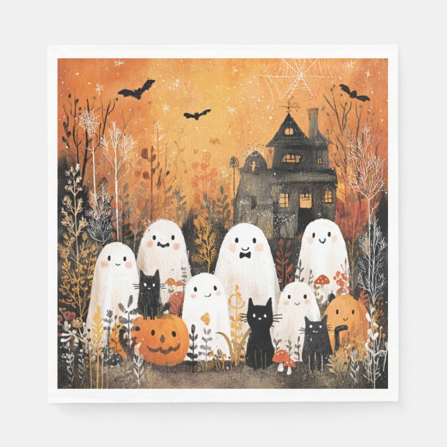 Halloween-Gespenster, schwarze Katzen und Fledermä Serviette (Vorderseite)