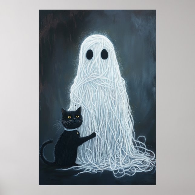 Halloween Ghost abgedeckt in Garn und Black Cat Poster (Vorne)
