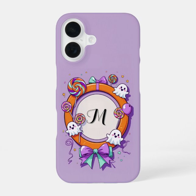 Halloween Ghost and Candy Wreath in Purple iPhone 16 Hülle (Rückseite)