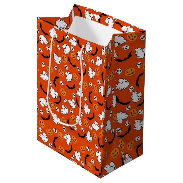 Halloween Ghost Bats Skull Pumpkin Mittlere Geschenktüte (Vorderseite Schrägansicht)
