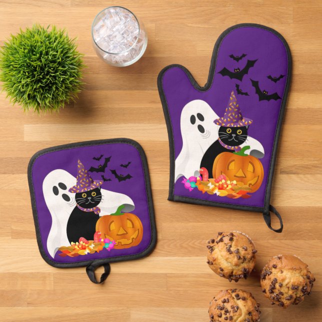 Halloween Ghost Black Cat Lila Ofenhandschuh & Topflappen-Set (Oben Unten)