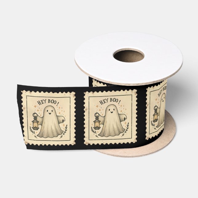 Halloween Ghost-Briefmarke mit Lantern "Hey Boo" Satinband (Spule)
