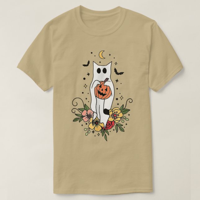 Halloween Ghost Cat Beängstigend Pumpkin Floral Ca T-Shirt (Design vorne)