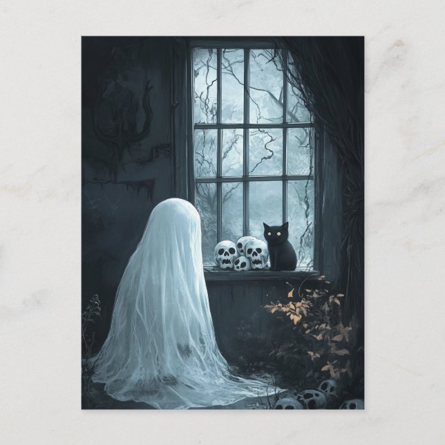 Halloween Ghost, Cat und Skuls Postkarte (Vorderseite)