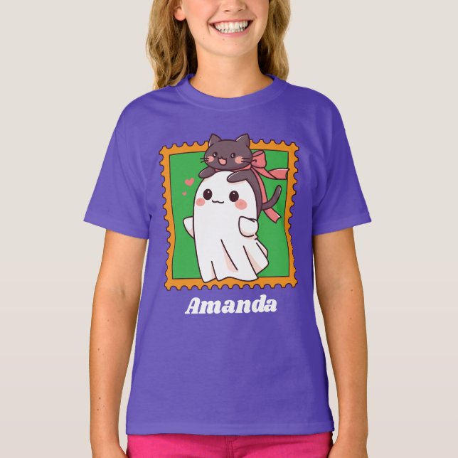 Halloween Ghost Cute Black Cat in Bow Custom Kids T-Shirt (Vorderseite)
