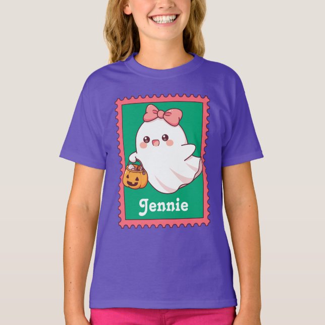 Halloween Ghost Cute Coquette Bow Custom Name T-Shirt (Vorderseite)