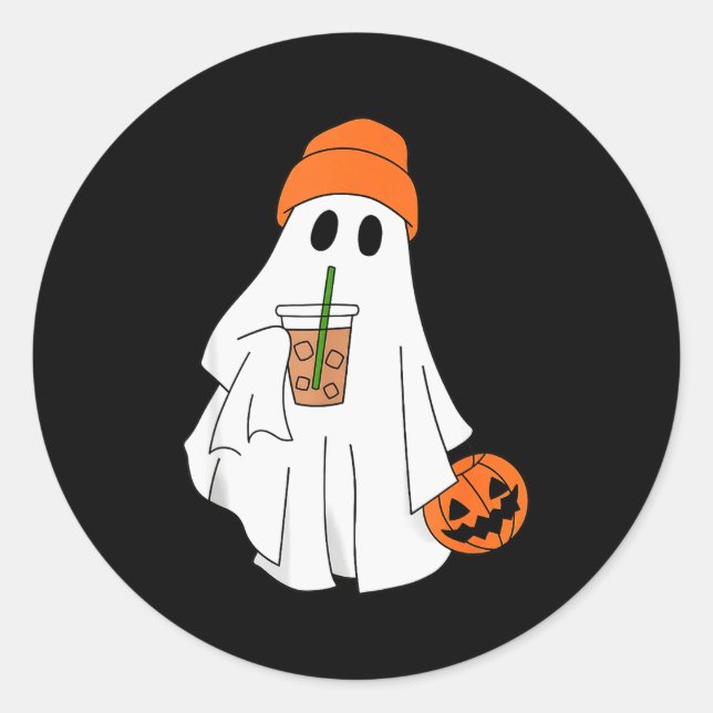 Halloween Ghost Drinking Coffee Ghost Ice Coffee M Runder Aufkleber (Vorderseite)