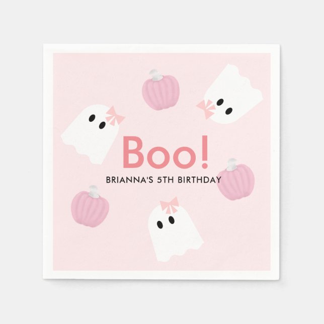 Halloween Ghost GIrl & Pumpkin Niedlich Pink Serviette (Vorderseite)