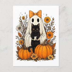 Halloween Ghost Holding Black Cat Feiertagspostkarte