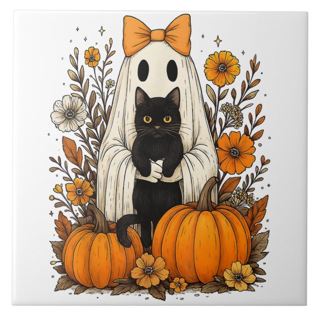 Halloween Ghost Holding Black Cat Fliese (Vorderseite)