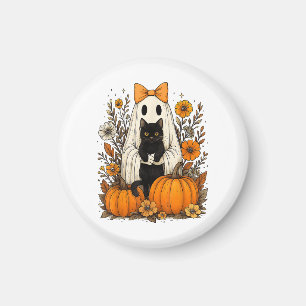 Halloween Ghost Holding Black Cat Magnet