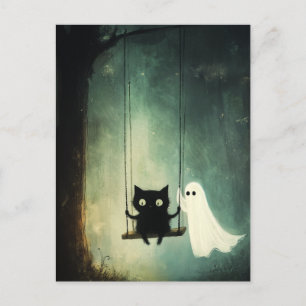 Halloween Ghost, Katze am Swing Postkarte