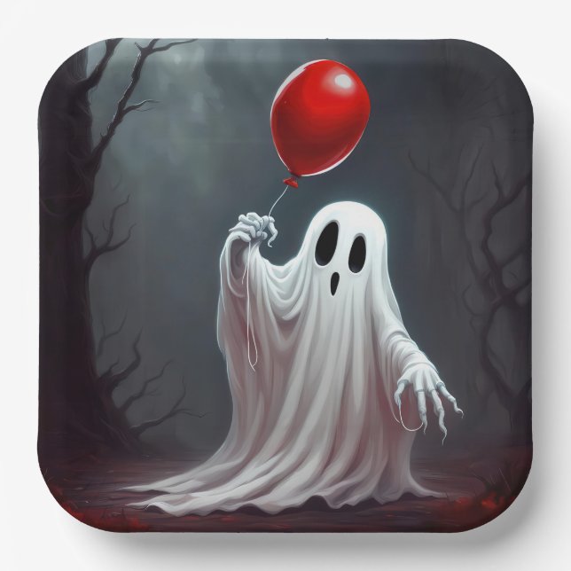 Halloween Ghost mit rotem Ballon Pappteller (Vorderseite)