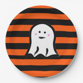 Halloween Ghost on Black and Orange Stripes Pappteller